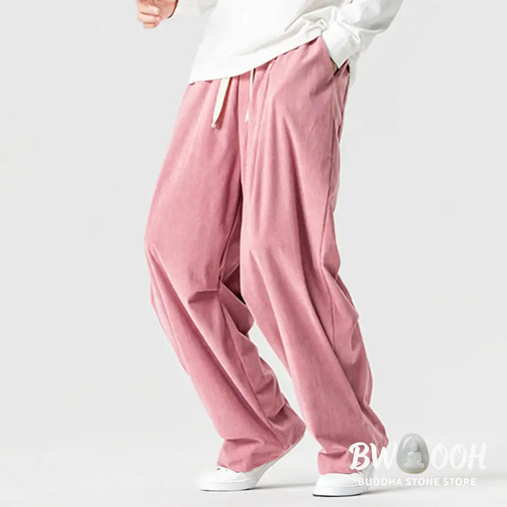 Buddha Stones Winter Drawstring Corduroy Cotton Men’s Wide Leg Pants With Pockets - Men’s Wide Leg Pants