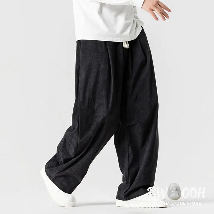 Buddha Stones Winter Drawstring Corduroy Cotton Men’s Wide Leg Pants With Pockets - Men’s Wide Leg Pants