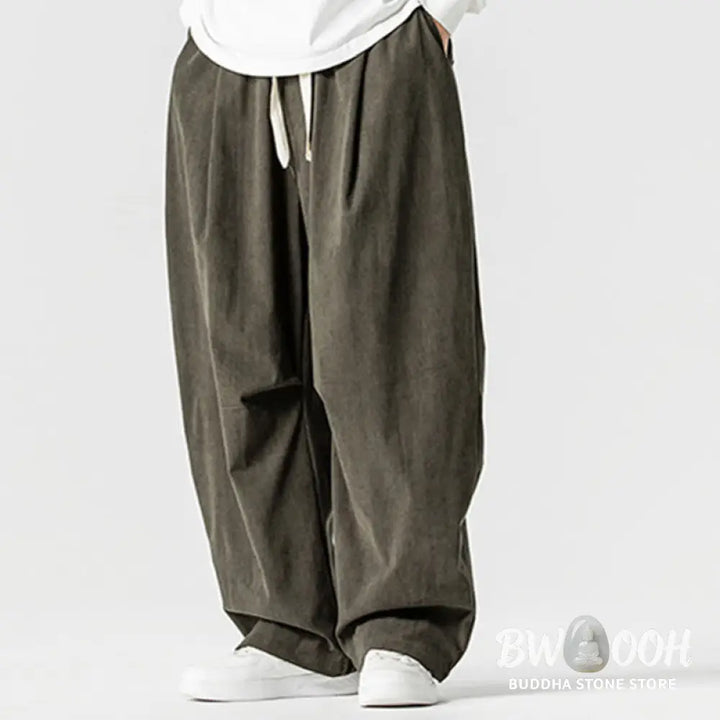 Buddha Stones Winter Drawstring Corduroy Cotton Men’s Wide Leg Pants With Pockets - Men’s Wide Leg Pants