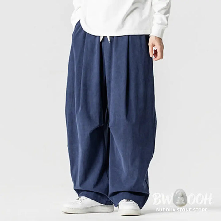 Buddha Stones Winter Drawstring Corduroy Cotton Men’s Wide Leg Pants With Pockets - Men’s Wide Leg Pants