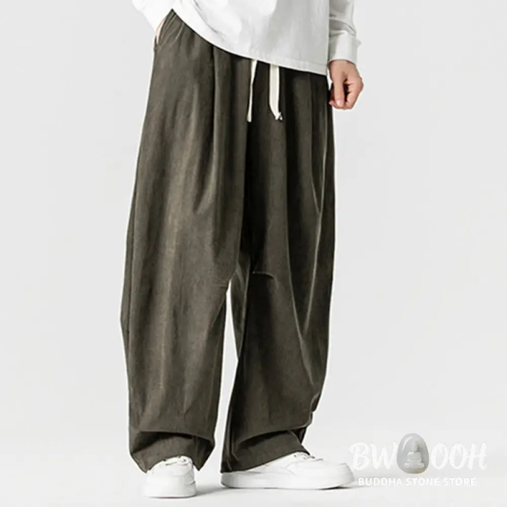 Buddha Stones Winter Drawstring Corduroy Cotton Men’s Wide Leg Pants With Pockets - Men’s Wide Leg Pants