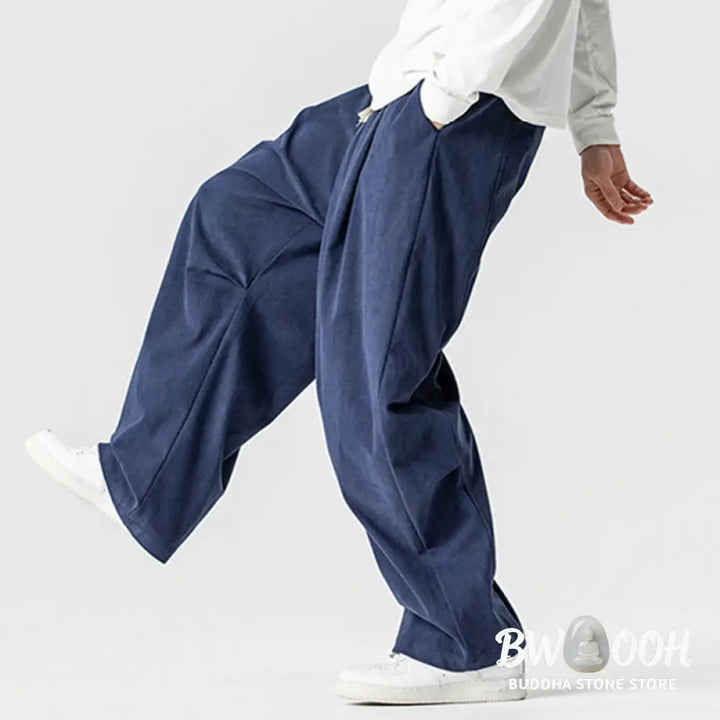 Buddha Stones Winter Drawstring Corduroy Cotton Men’s Wide Leg Pants With Pockets - Men’s Wide Leg Pants