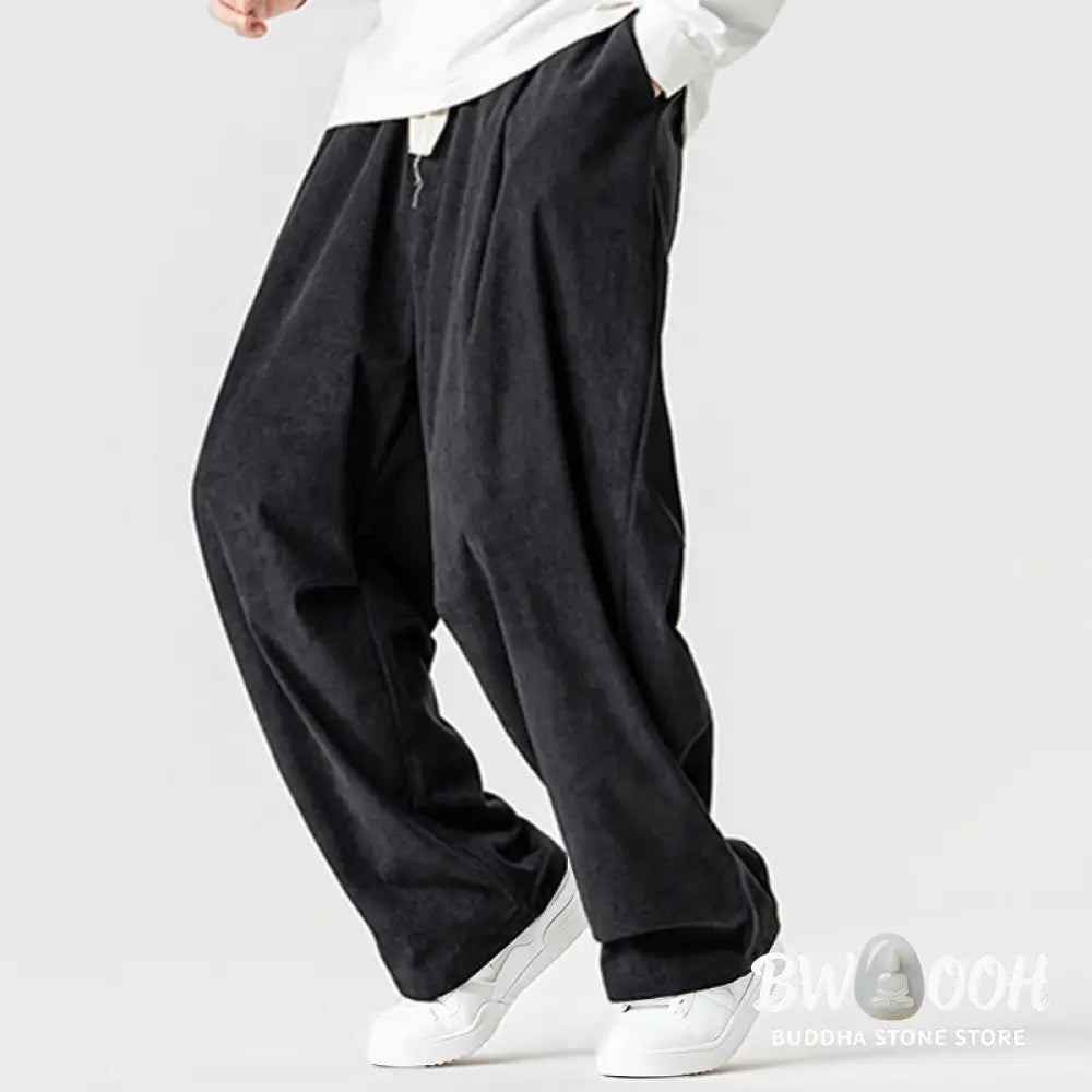 Buddha Stones Winter Drawstring Corduroy Cotton Men’s Wide Leg Pants With Pockets - Men’s Wide Leg Pants