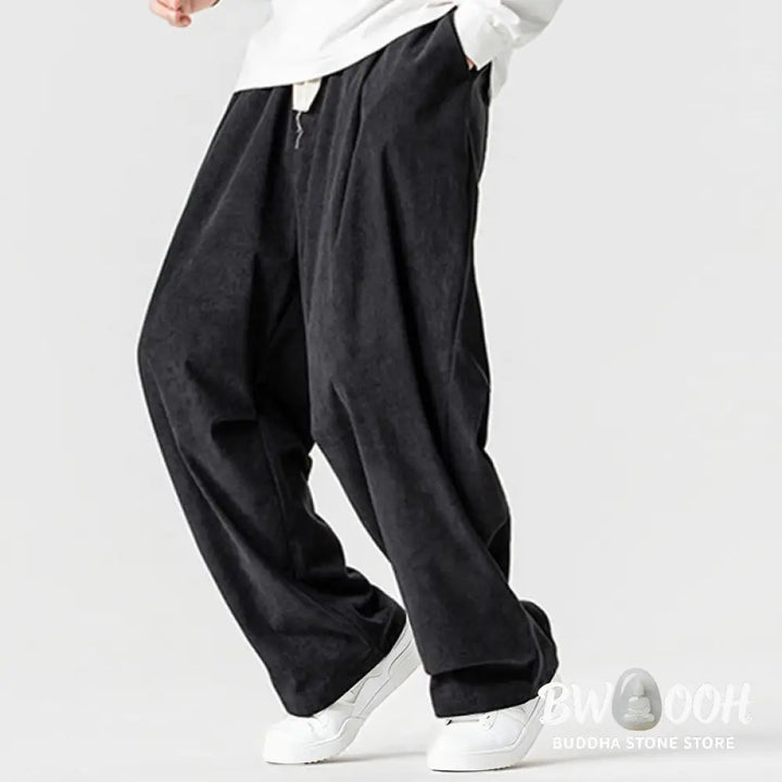 Buddha Stones Winter Drawstring Corduroy Cotton Men’s Wide Leg Pants With Pockets - Men’s Wide Leg Pants