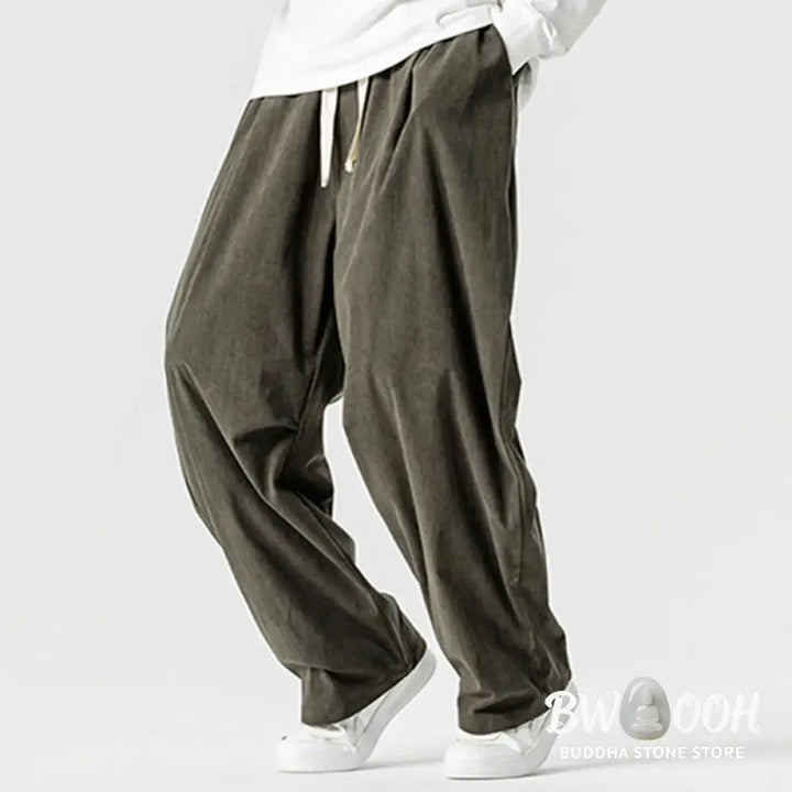 Buddha Stones Winter Drawstring Corduroy Cotton Men’s Wide Leg Pants With Pockets - Men’s Wide Leg Pants