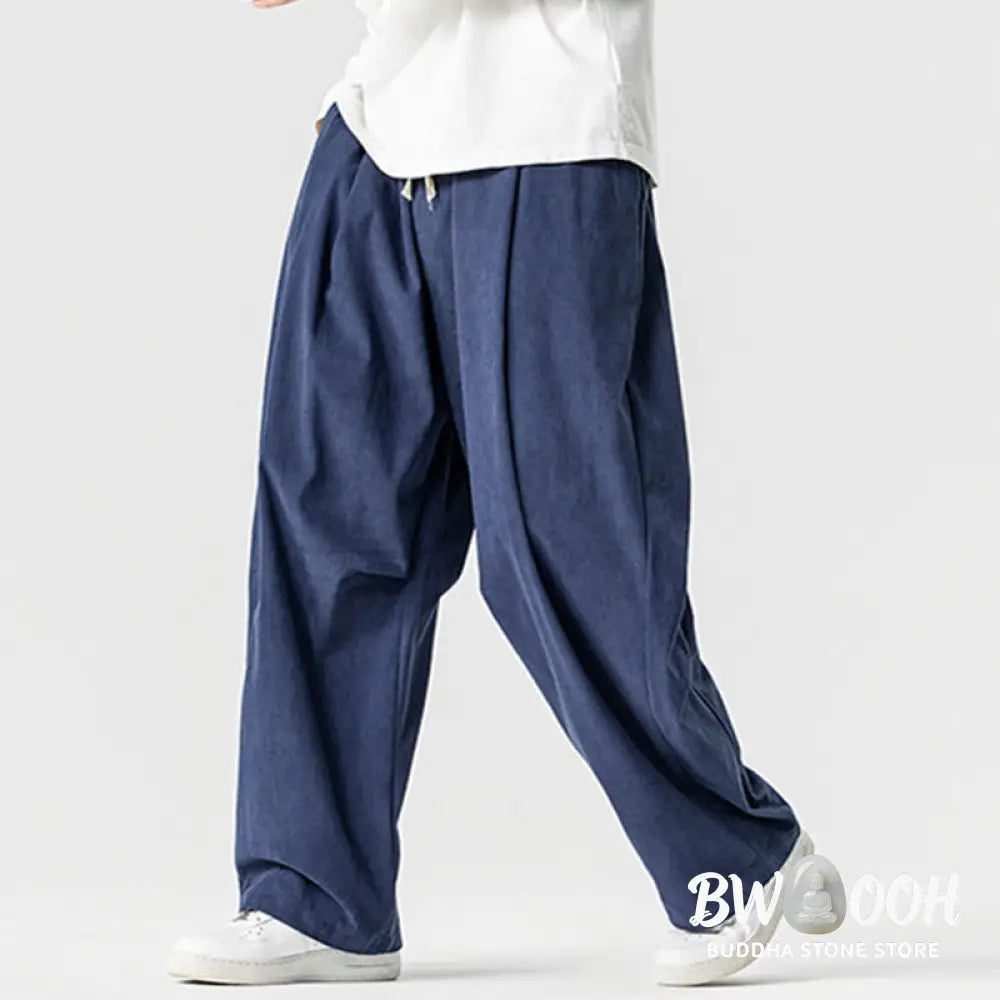 Buddha Stones Winter Drawstring Corduroy Cotton Men’s Wide Leg Pants With Pockets - Men’s Wide Leg Pants