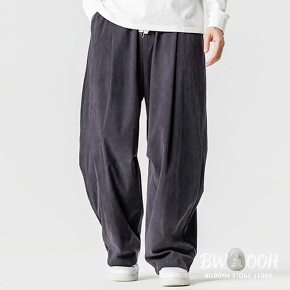 Buddha Stones Winter Drawstring Corduroy Cotton Men’s Wide Leg Pants With Pockets - Men’s Wide Leg Pants