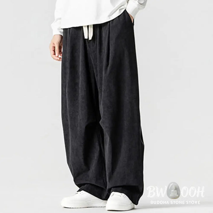 Buddha Stones Winter Drawstring Corduroy Cotton Men’s Wide Leg Pants With Pockets - Men’s Wide Leg Pants