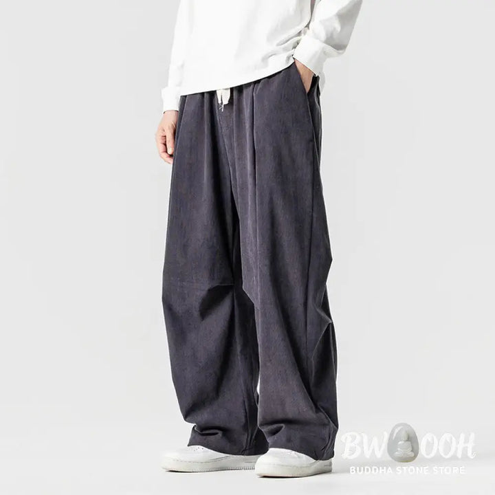 Buddha Stones Winter Drawstring Corduroy Cotton Men’s Wide Leg Pants With Pockets - Men’s Wide Leg Pants