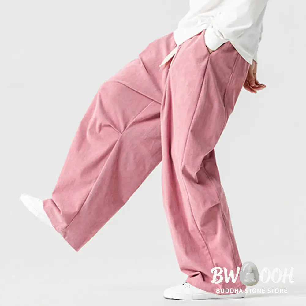 Buddha Stones Winter Drawstring Corduroy Cotton Men’s Wide Leg Pants With Pockets - Men’s Wide Leg Pants