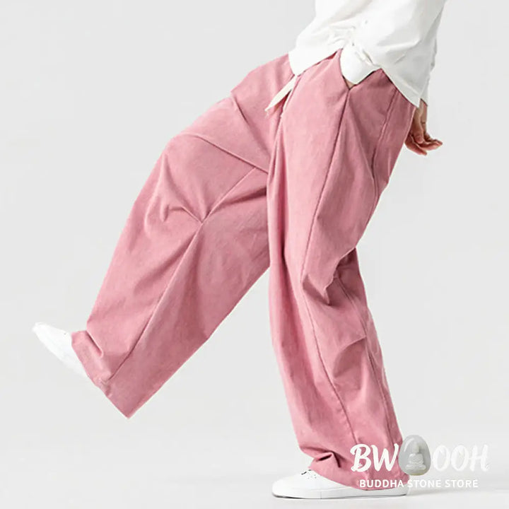 Buddha Stones Winter Drawstring Corduroy Cotton Men’s Wide Leg Pants With Pockets - Men’s Wide Leg Pants
