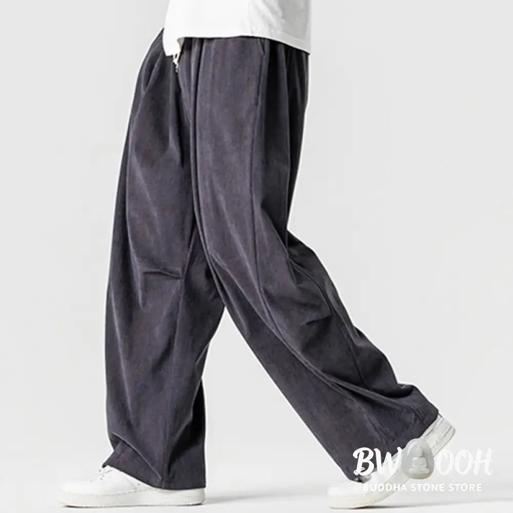 Buddha Stones Winter Drawstring Corduroy Cotton Men’s Wide Leg Pants With Pockets - Men’s Wide Leg Pants