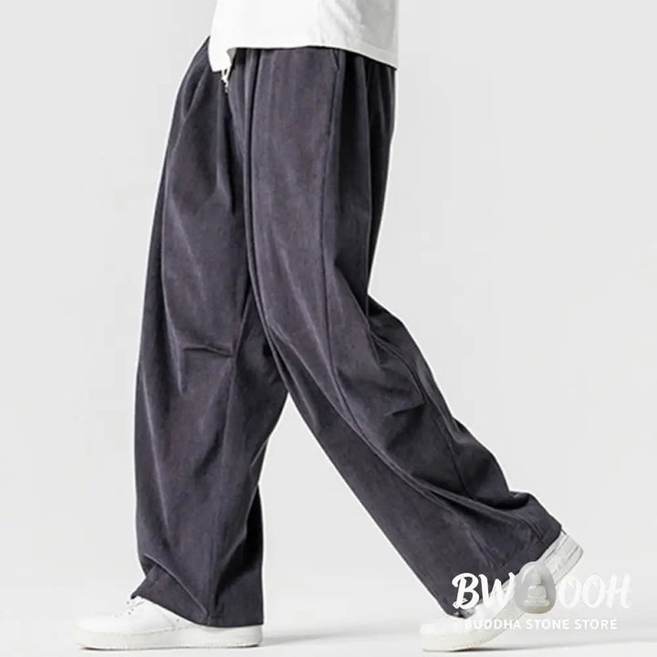 Buddha Stones Winter Drawstring Corduroy Cotton Men’s Wide Leg Pants With Pockets - Men’s Wide Leg Pants