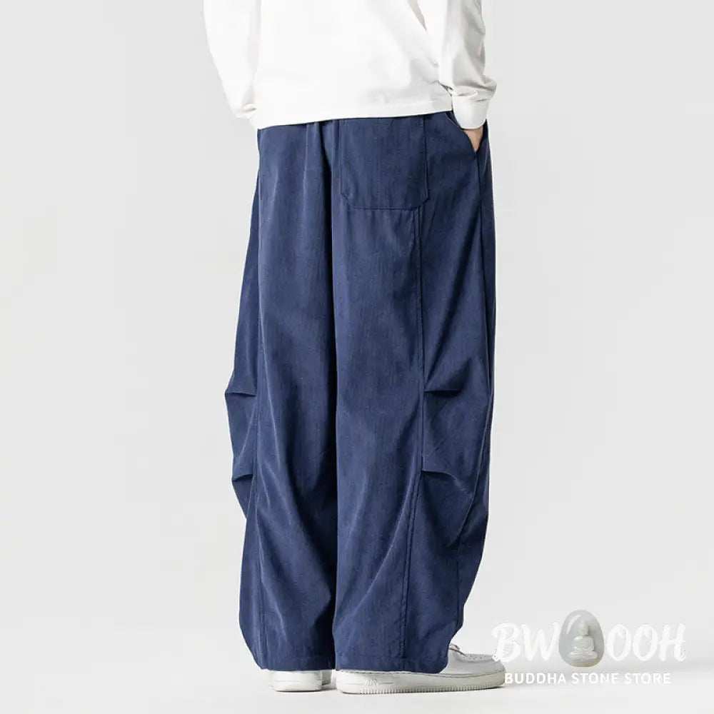 Buddha Stones Winter Drawstring Corduroy Cotton Men’s Wide Leg Pants With Pockets - Men’s Wide Leg Pants