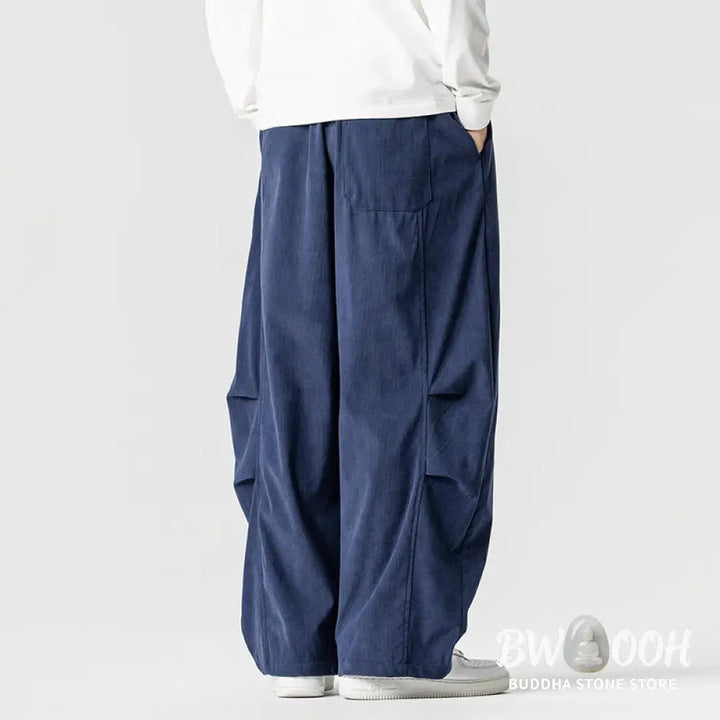 Buddha Stones Winter Drawstring Corduroy Cotton Men’s Wide Leg Pants With Pockets - Men’s Wide Leg Pants