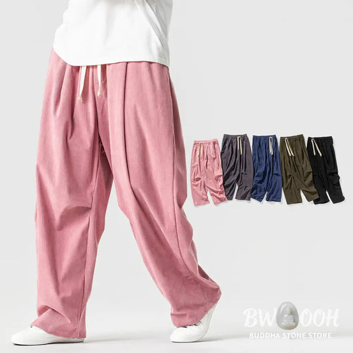 Buddha Stones Winter Drawstring Corduroy Cotton Men’s Wide Leg Pants With Pockets - Men’s Wide Leg Pants
