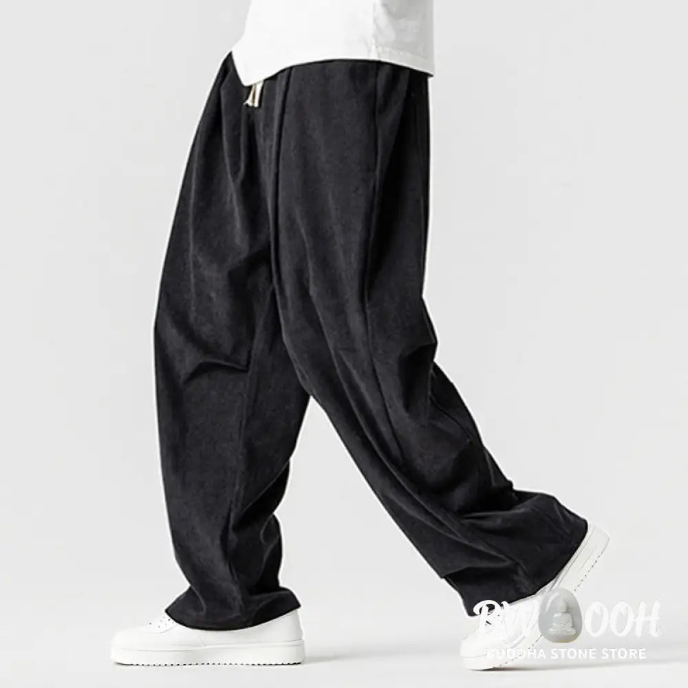 Buddha Stones Winter Drawstring Corduroy Cotton Men’s Wide Leg Pants With Pockets - Men’s Wide Leg Pants