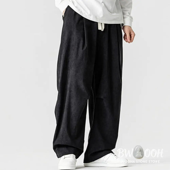 Buddha Stones Winter Drawstring Corduroy Cotton Men’s Wide Leg Pants With Pockets - Men’s Wide Leg Pants