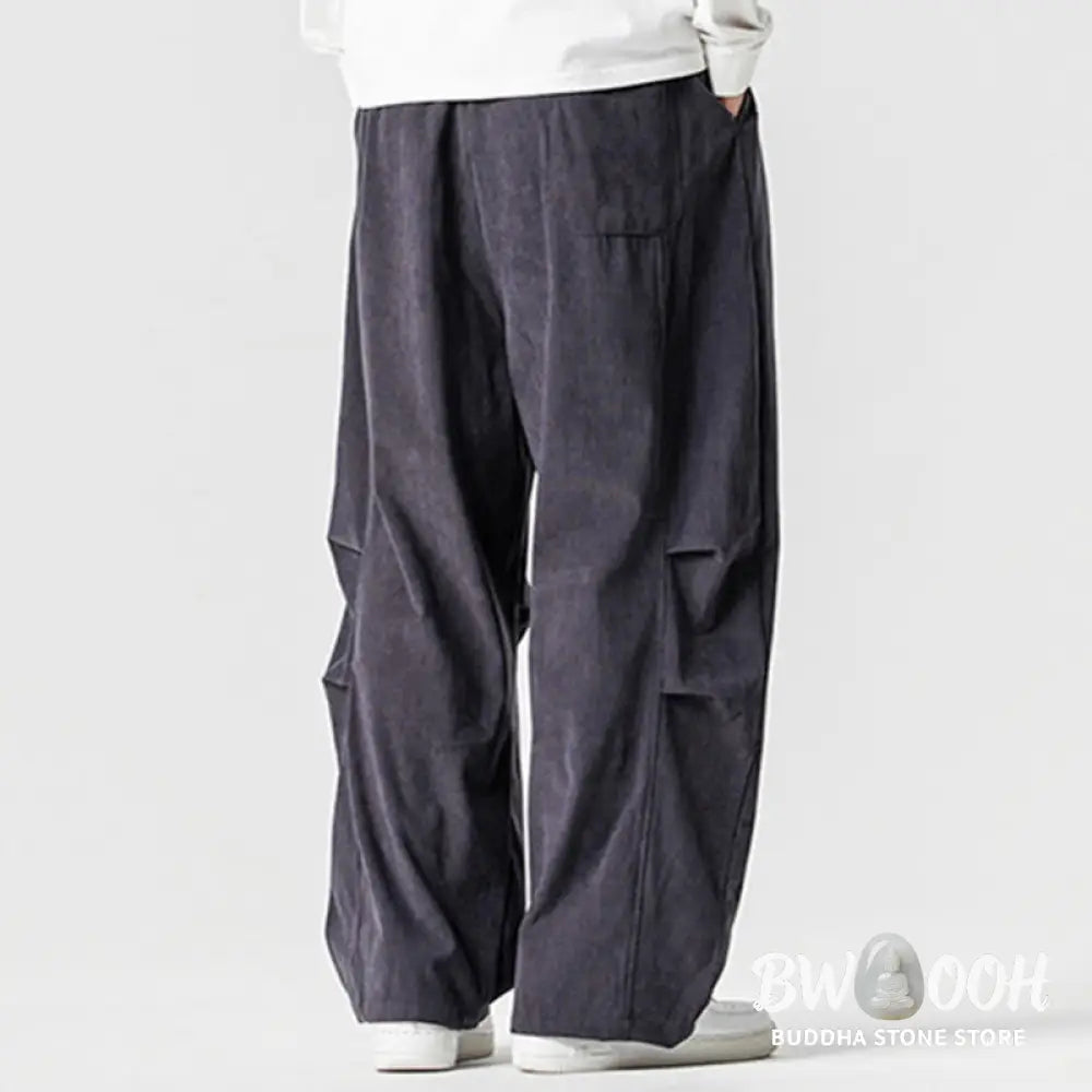 Buddha Stones Winter Drawstring Corduroy Cotton Men’s Wide Leg Pants With Pockets - Men’s Wide Leg Pants