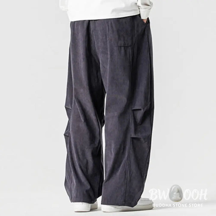 Buddha Stones Winter Drawstring Corduroy Cotton Men’s Wide Leg Pants With Pockets - Men’s Wide Leg Pants