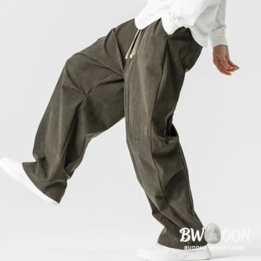Buddha Stones Winter Drawstring Corduroy Cotton Men’s Wide Leg Pants With Pockets - Men’s Wide Leg Pants