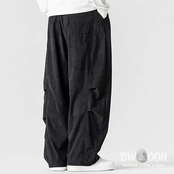 Buddha Stones Winter Drawstring Corduroy Cotton Men’s Wide Leg Pants With Pockets - Men’s Wide Leg Pants