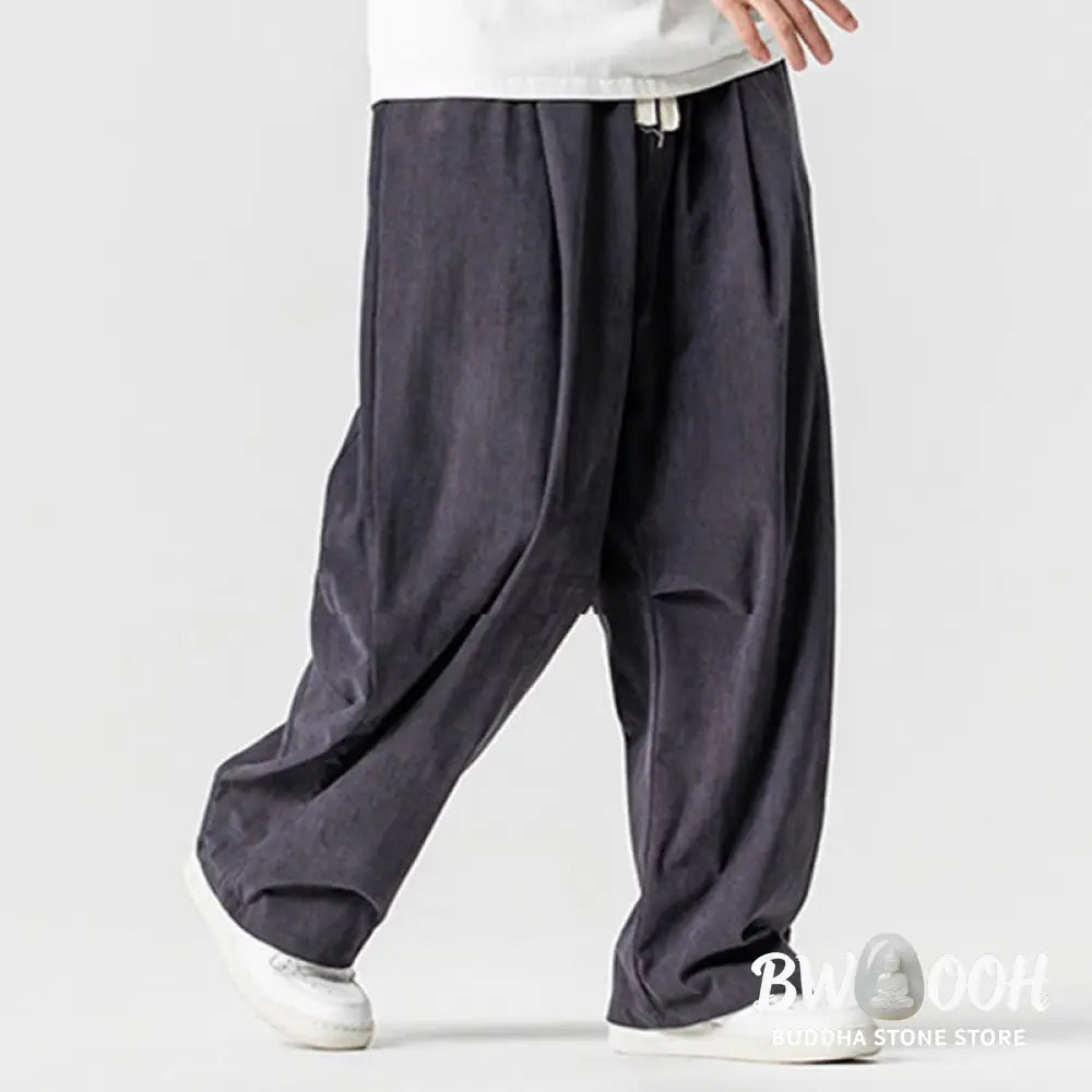 Buddha Stones Winter Drawstring Corduroy Cotton Men’s Wide Leg Pants With Pockets - Men’s Wide Leg Pants