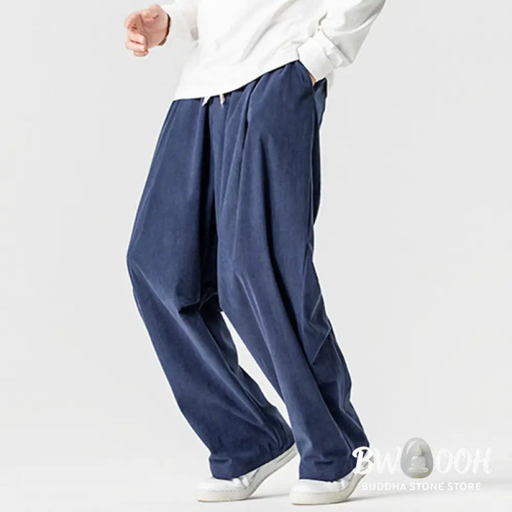 Buddha Stones Winter Drawstring Corduroy Cotton Men’s Wide Leg Pants With Pockets - Men’s Wide Leg Pants