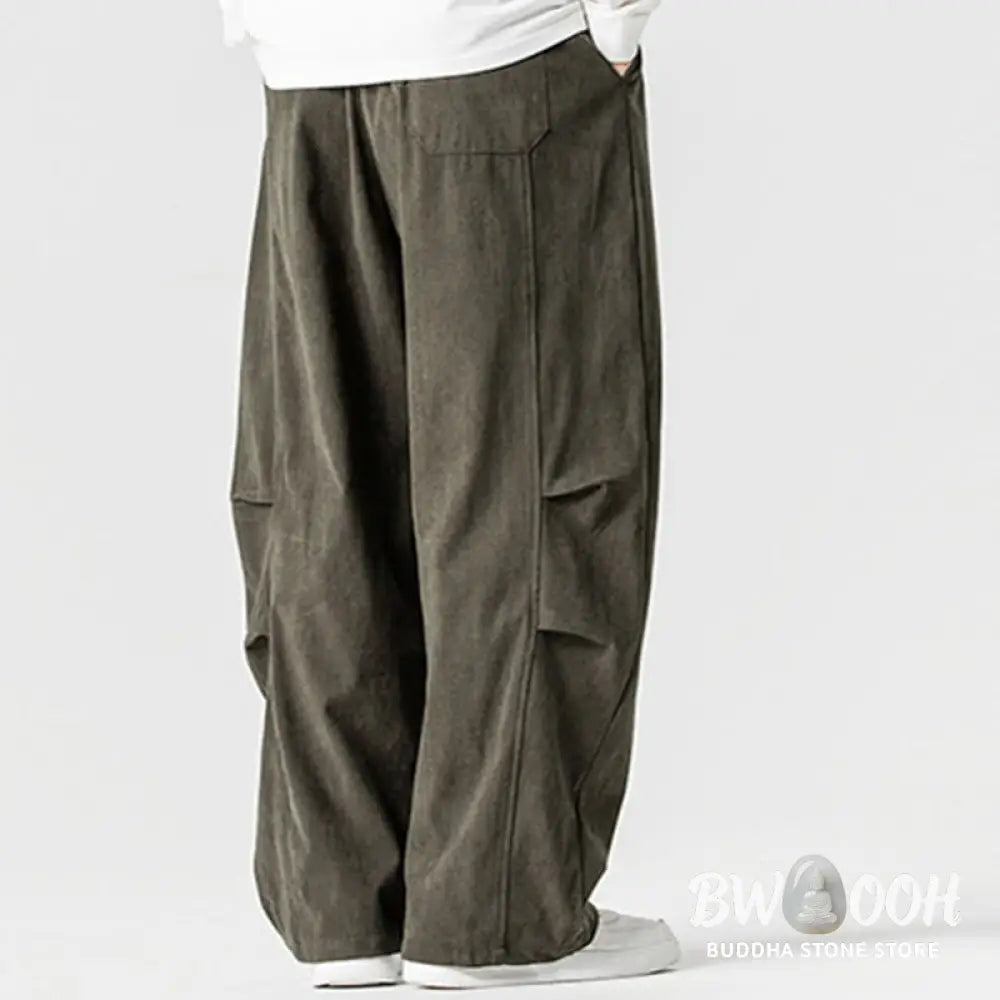Buddha Stones Winter Drawstring Corduroy Cotton Men’s Wide Leg Pants With Pockets - Men’s Wide Leg Pants