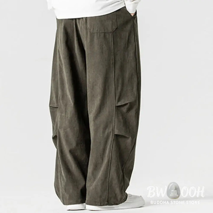 Buddha Stones Winter Drawstring Corduroy Cotton Men’s Wide Leg Pants With Pockets - Men’s Wide Leg Pants
