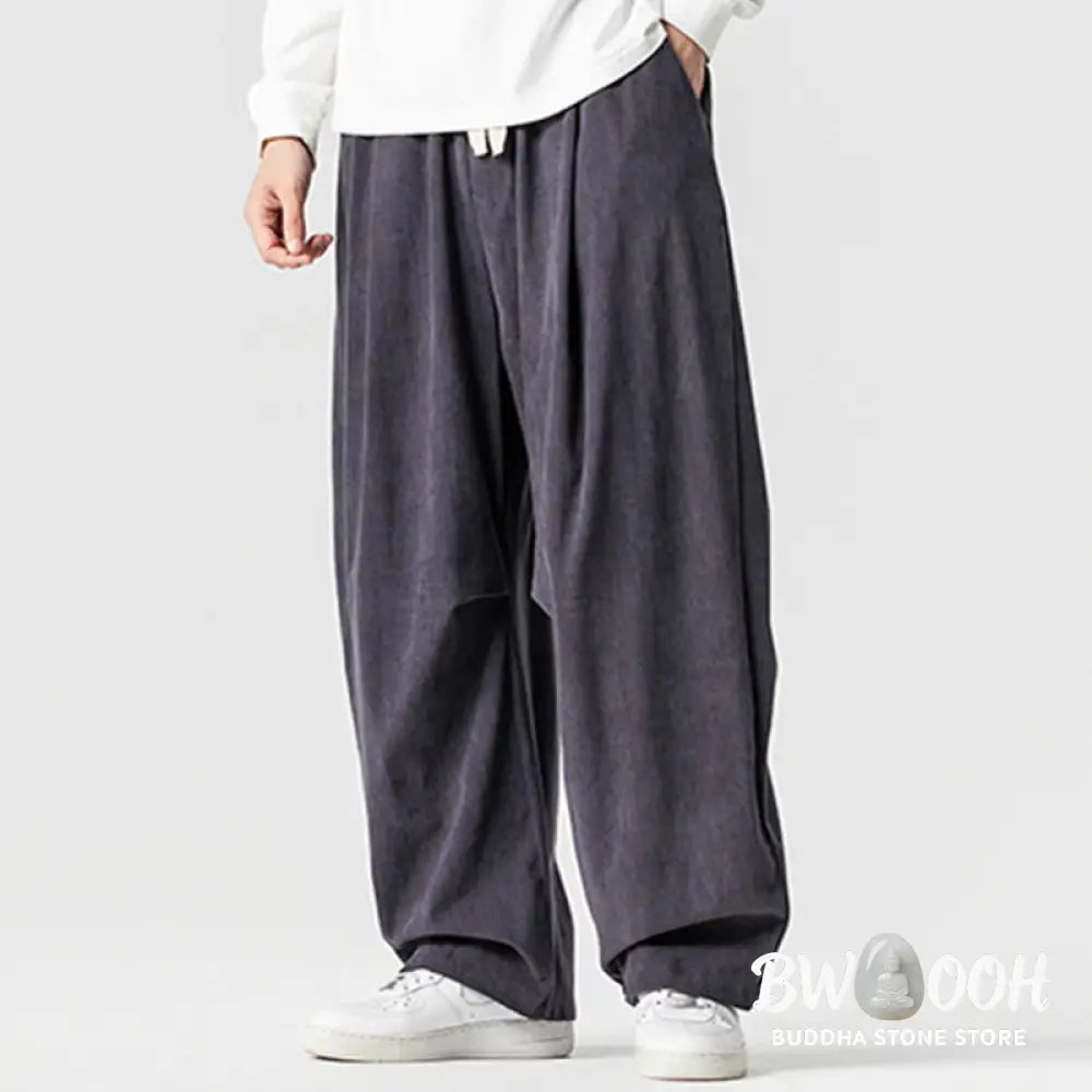 Buddha Stones Winter Drawstring Corduroy Cotton Men’s Wide Leg Pants With Pockets - Men’s Wide Leg Pants