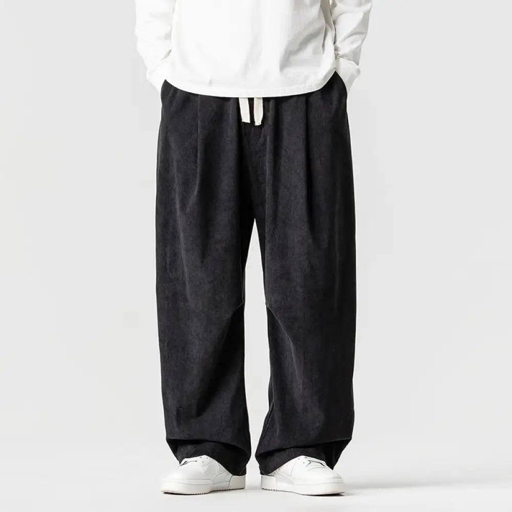 Buddha Stones Winter Drawstring Corduroy Cotton Men’s Wide Leg Pants With Pockets - Black / US/UK/AU36，EU46 (L) - Men’s
