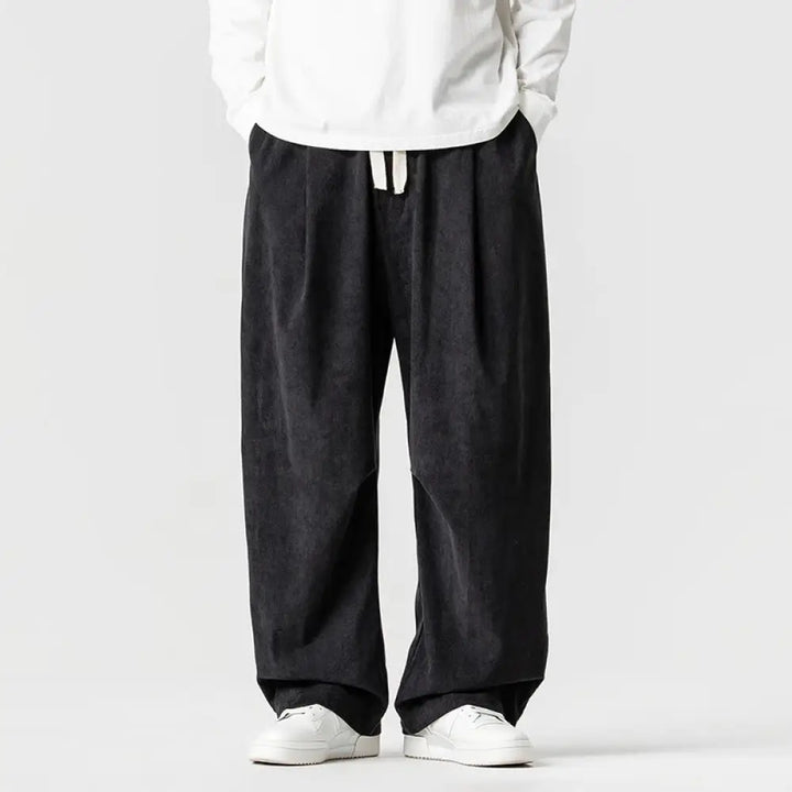 Buddha Stones Winter Drawstring Corduroy Cotton Men’s Wide Leg Pants With Pockets - Black / US/UK/AU36，EU46 (L) - Men’s