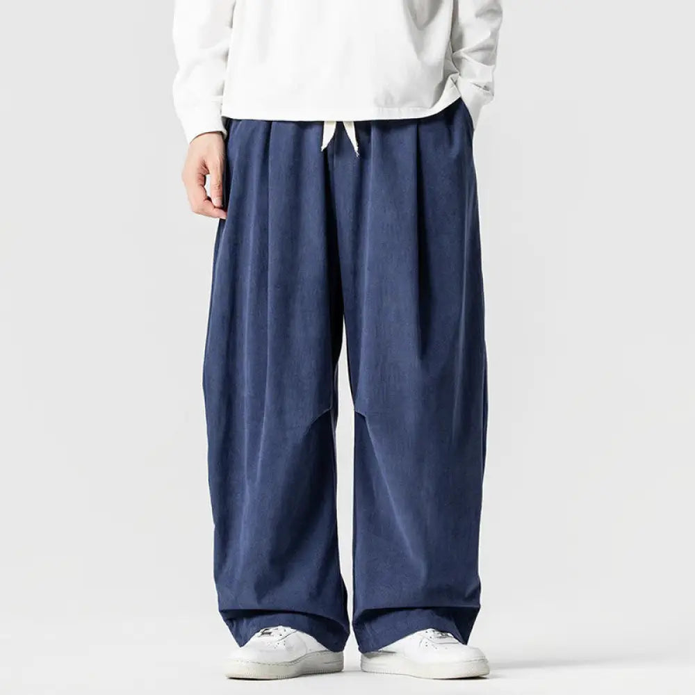 Buddha Stones Winter Drawstring Corduroy Cotton Men’s Wide Leg Pants With Pockets - DarkBlue / US/UK/AU36，EU46 (L)