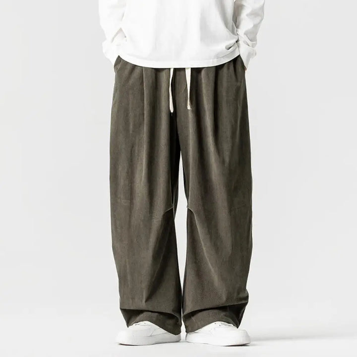 Buddha Stones Winter Drawstring Corduroy Cotton Men’s Wide Leg Pants With Pockets - DarkOliveGreen / US/UK/AU36，EU46