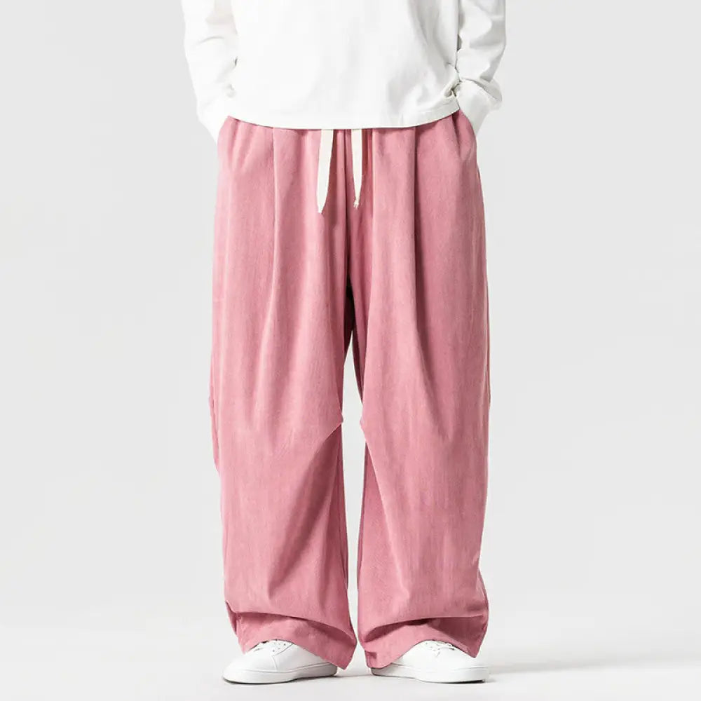 Buddha Stones Winter Drawstring Corduroy Cotton Men’s Wide Leg Pants With Pockets - LightPink / US/UK/AU36，EU46 (L)