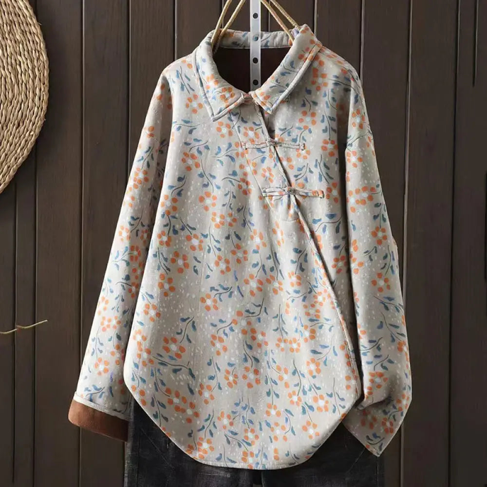 Buddha Stones Winter Flower Green Leaves Frog-Button Stand Collar Long Sleeve Women’s Cotton Shirt - Gainsboro