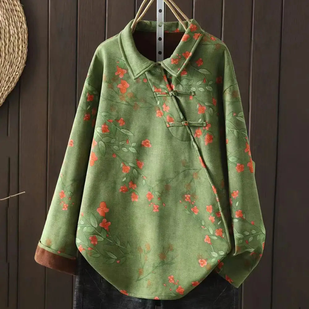Buddha Stones Winter Flower Green Leaves Frog-Button Stand Collar Long Sleeve Women’s Cotton Shirt - LightGreen