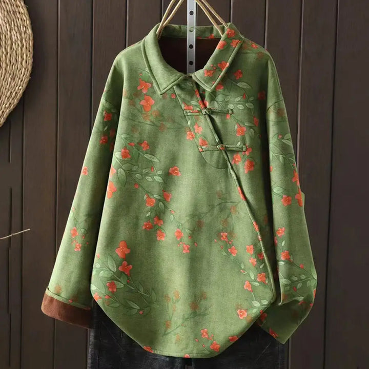 Buddha Stones Winter Flower Green Leaves Frog-Button Stand Collar Long Sleeve Women’s Cotton Shirt - LightGreen