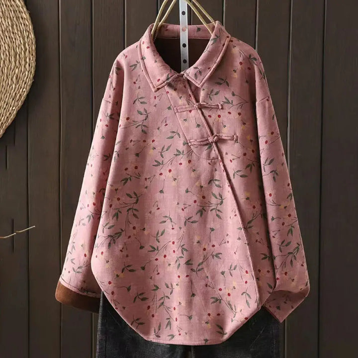 Buddha Stones Winter Flower Green Leaves Frog-Button Stand Collar Long Sleeve Women’s Cotton Shirt - LightPink