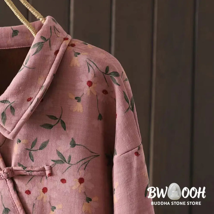 Buddha Stones Winter Flower Green Leaves Frog-Button Stand Collar Long Sleeve Women’s Cotton Shirt - Women’s Shirts