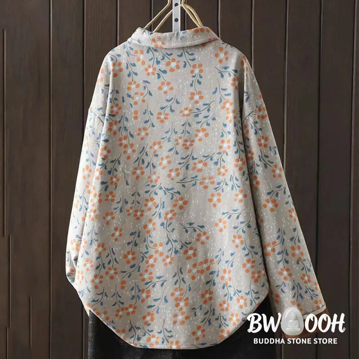 Buddha Stones Winter Flower Green Leaves Frog-Button Stand Collar Long Sleeve Women’s Cotton Shirt - Women’s Shirts