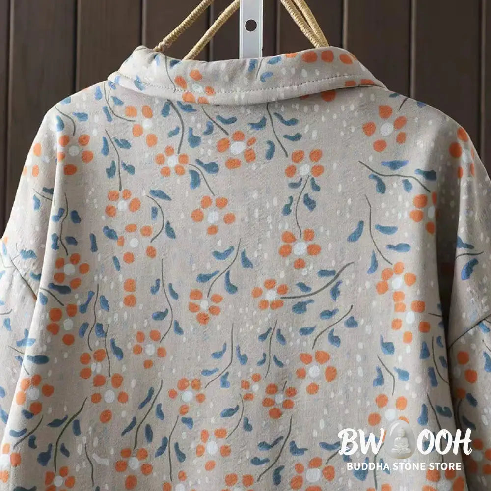 Buddha Stones Winter Flower Green Leaves Frog-Button Stand Collar Long Sleeve Women’s Cotton Shirt - Women’s Shirts