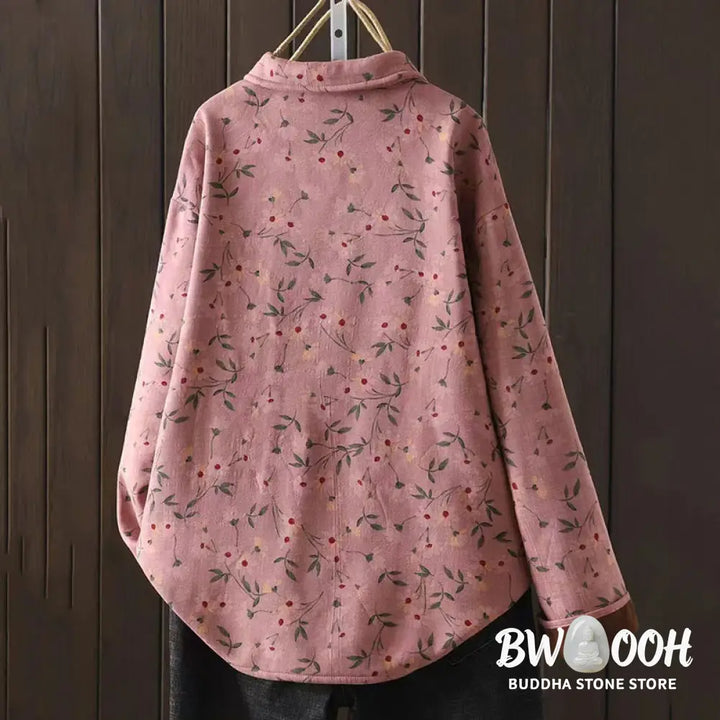 Buddha Stones Winter Flower Green Leaves Frog-Button Stand Collar Long Sleeve Women’s Cotton Shirt - Women’s Shirts