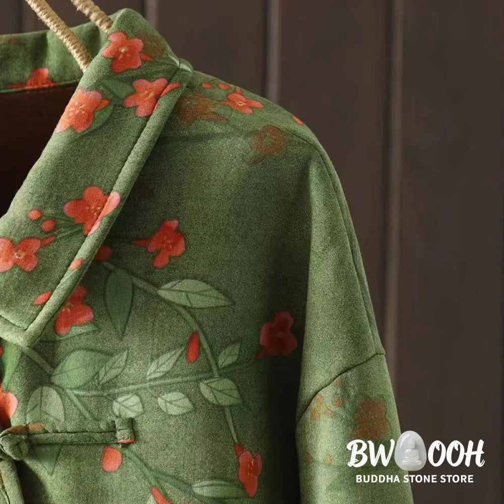 Buddha Stones Winter Flower Green Leaves Frog-Button Stand Collar Long Sleeve Women’s Cotton Shirt - Women’s Shirts