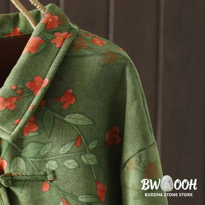 Buddha Stones Winter Flower Green Leaves Frog-Button Stand Collar Long Sleeve Women’s Cotton Shirt - Women’s Shirts