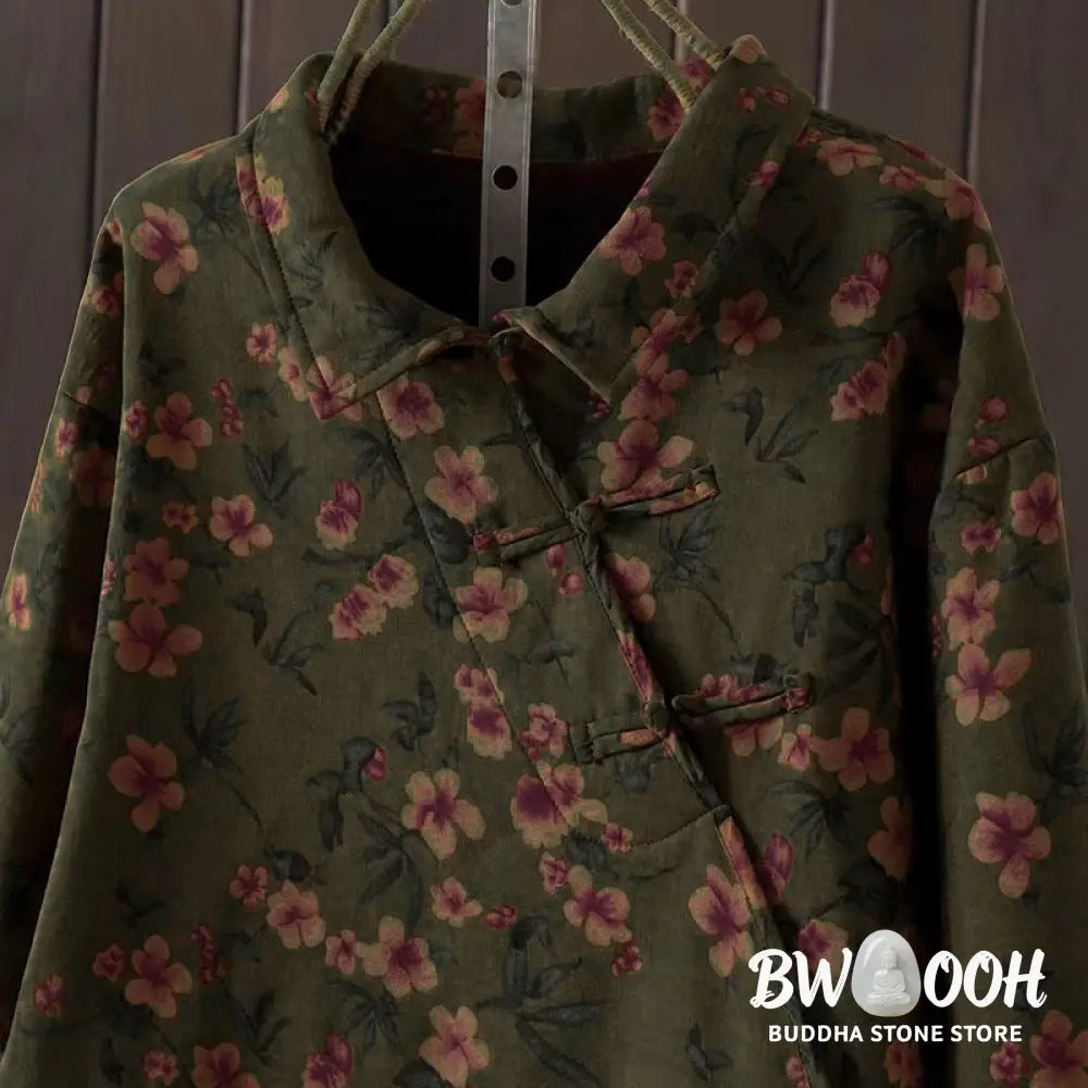 Buddha Stones Winter Flower Green Leaves Frog-Button Stand Collar Long Sleeve Women’s Cotton Shirt - Women’s Shirts