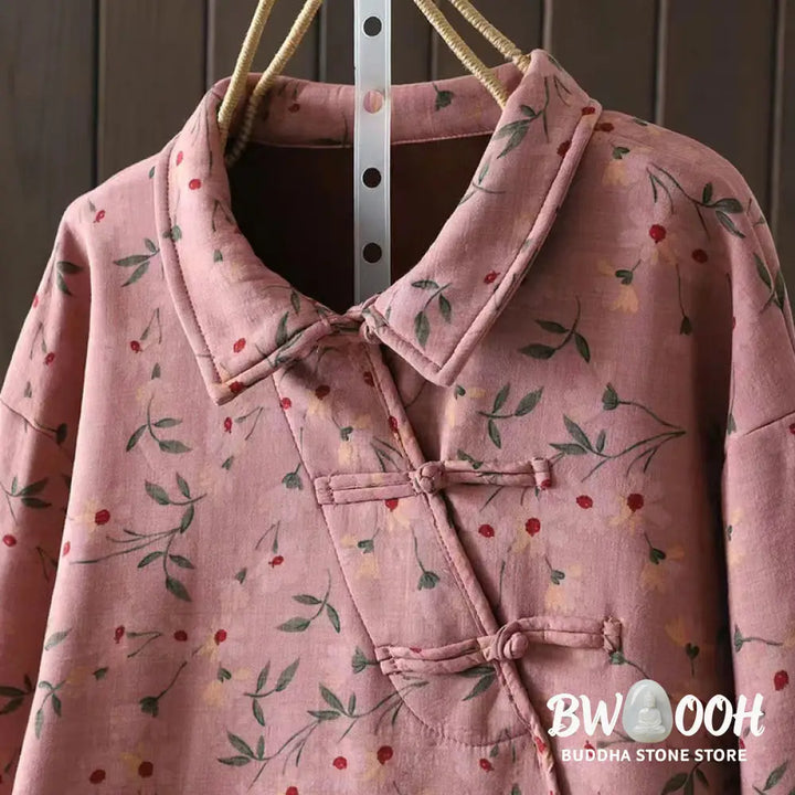 Buddha Stones Winter Flower Green Leaves Frog-Button Stand Collar Long Sleeve Women’s Cotton Shirt - Women’s Shirts
