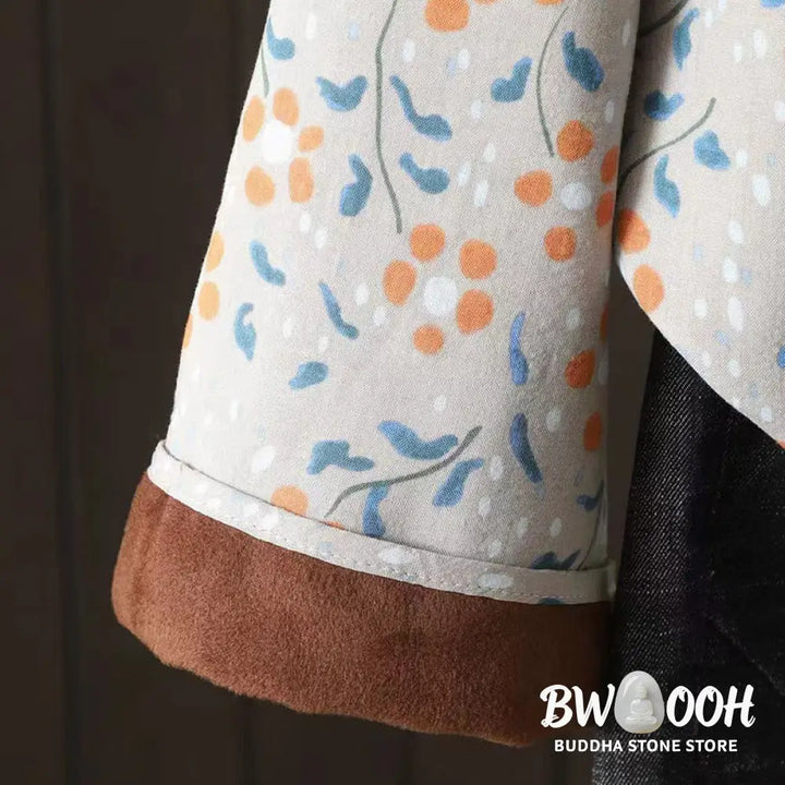Buddha Stones Winter Flower Green Leaves Frog-Button Stand Collar Long Sleeve Women’s Cotton Shirt - Women’s Shirts