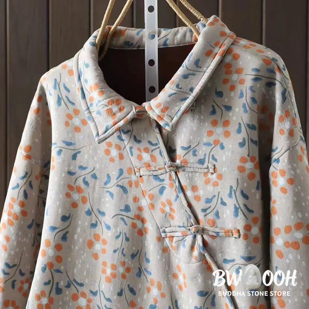 Buddha Stones Winter Flower Green Leaves Frog-Button Stand Collar Long Sleeve Women’s Cotton Shirt - Women’s Shirts